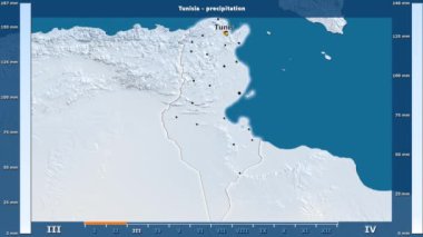 Aya göre yağış animasyonlu gösterge - İngilizce etiketleri Tunus bölge: ülke ve sermaye adları, açıklama göster. Sterografik projeksiyon