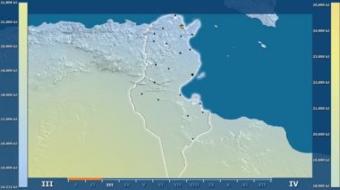 Animasyonlu gösterge - parlayan şekli, idari sınırları, ana şehirler, sermaye Tunus bölge güneş radyasyonu aya göre. Sterografik projeksiyon