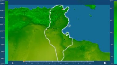 Animasyonlu gösterge - parlayan şekli, idari sınırları, ana şehirler, sermaye Tunus bölge maksimum sıcaklık aya göre. Sterografik projeksiyon
