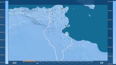 Hız animasyonlu gösterge - parlayan şekli, idari sınırları, ana şehirler, sermaye Tunus bölge aya göre rüzgar. Sterografik projeksiyon