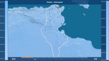 Rüzgar hızı aya göre animasyonlu gösterge - İngilizce etiketleri Tunus bölge: ülke ve sermaye adları, açıklama göster. Sterografik projeksiyon