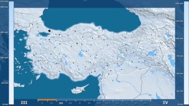 Animasyonlu gösterge - parlayan şekli, idari sınırları, ana şehirler, sermaye ile Türkiye'nin bölgede yağış aya göre. Sterografik projeksiyon