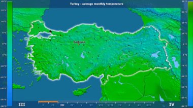 Ortalama sıcaklık ay tarafından animasyonlu efsanesi - İngilizce etiketleri ile Türkiye'nin bölgede: ülke ve sermaye adları, açıklama göster. Sterografik projeksiyon