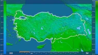 Animasyonlu gösterge - parlayan şekli, idari sınırları, ana şehirler, sermaye ile Türkiye'nin bölgede ortalama sıcaklık aya göre. Sterografik projeksiyon
