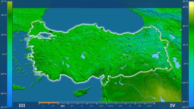 Animasyonlu efsanesi - parlayan şekli, idari sınırları, ana şehirler, sermaye ile Türkiye'nin alanında en yüksek sıcaklık aya göre. Sterografik projeksiyon