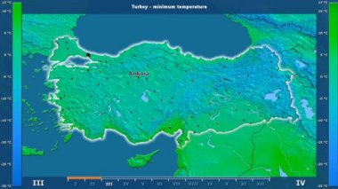 Animasyonlu efsanesi - İngilizce etiketleri ile Türkiye'nin bölgede aya göre minimum sıcaklığı: ülke ve sermaye adları, açıklama göster. Sterografik projeksiyon