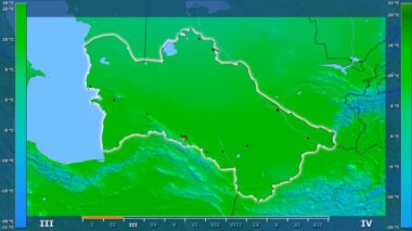 Animasyonlu efsanesi - parlayan şekli, idari sınırları, ana şehirler, sermaye ile Türkmenistan alanında ortalama sıcaklık aya göre. Sterografik projeksiyon