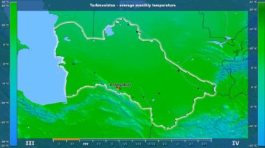 Ortalama sıcaklık ay tarafından animasyonlu efsanesi - İngilizce etiketleri ile Türkmenistan alanında: ülke ve sermaye adları, açıklama göster. Sterografik projeksiyon