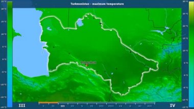 Aya göre maksimum sıcaklık animasyonlu efsanesi - İngilizce etiketleri ile Türkmenistan alanında: ülke ve sermaye adları, açıklama göster. Sterografik projeksiyon