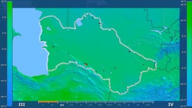 Animasyonlu efsanesi - parlayan şekli, idari sınırları, ana şehirler, sermaye ile Türkmenistan alanında minimum sıcaklığı aya göre. Sterografik projeksiyon
