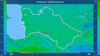 Animasyonlu efsanesi - İngilizce etiketleri ile Türkmenistan alanında aya göre minimum sıcaklığı: ülke ve sermaye adları, açıklama göster. Sterografik projeksiyon