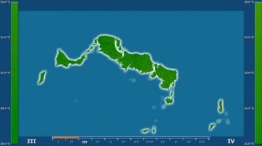 Animasyonlu gösterge - parlayan şekli, idari sınırları, ana şehirler, sermaye Turks ve Caicos Adaları alanında minimum sıcaklığı aya göre. Sterografik projeksiyon