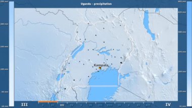 Uganda alanı animasyonlu gösterge - İngilizce etiketleri ile aya göre Yağış: ülke ve sermaye adları, açıklama göster. Sterografik projeksiyon