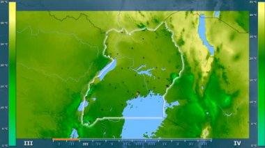 Uganda alanda animasyonlu gösterge - parlayan şekli, idari sınırları, ana şehirler, sermaye ile ortalama sıcaklık aya göre. Sterografik projeksiyon