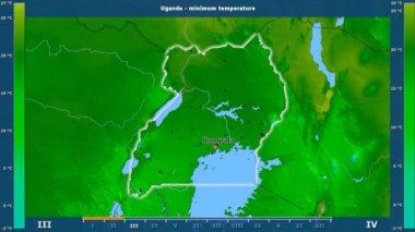Uganda alanda animasyonlu gösterge - İngilizce etiketleri ile aya göre minimum sıcaklığı: ülke ve sermaye adları, açıklama göster. Sterografik projeksiyon