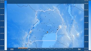 Su buharı basıncı Uganda alanda animasyonlu gösterge - parlayan şekli, idari sınırları, ana şehirler, sermaye ile aya göre. Sterografik projeksiyon