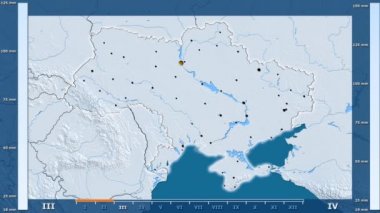 Ukrayna alan animasyonlu efsanesi - parlayan şekli, idari sınırları, ana şehirler, sermaye ile yağış aya göre. Sterografik projeksiyon