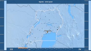 Rüzgar hızı aya göre animasyonlu gösterge - İngilizce etiketleri Uganda bölge: ülke ve sermaye adları, açıklama göster. Sterografik projeksiyon