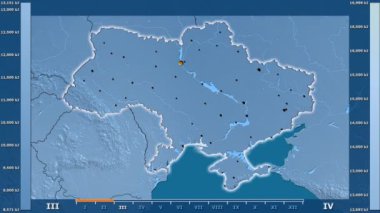 Animasyonlu efsanesi - parlayan şekli, idari sınırları, ana şehirler, sermaye ile Ukrayna alanında güneş radyasyonu aya göre. Sterografik projeksiyon