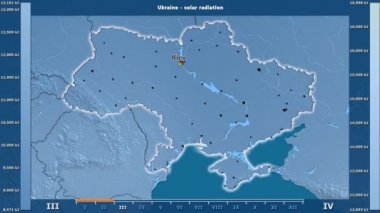 Aya göre güneş radyasyonu animasyonlu efsanesi - İngilizce etiketleri ile Ukrayna alanında: ülke ve sermaye adları, açıklama göster. Sterografik projeksiyon