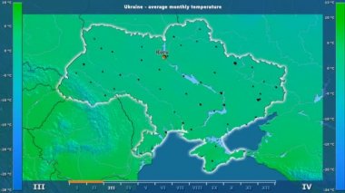Ortalama sıcaklık ay tarafından animasyonlu efsanesi - İngilizce etiketleri ile Ukrayna alanında: ülke ve sermaye adları, açıklama göster. Sterografik projeksiyon