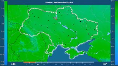 Aya göre maksimum sıcaklık animasyonlu efsanesi - İngilizce etiketleri ile Ukrayna alanında: ülke ve sermaye adları, açıklama göster. Sterografik projeksiyon