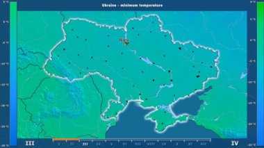 Animasyonlu efsanesi - İngilizce etiketleri ile Ukrayna alanında aya göre minimum sıcaklığı: ülke ve sermaye adları, açıklama göster. Sterografik projeksiyon