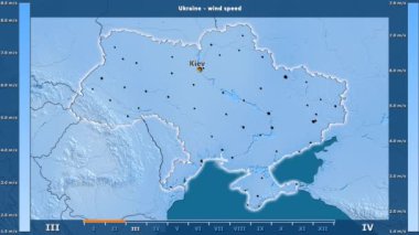 Rüzgar hızı aya göre animasyonlu efsanesi - İngilizce etiketleri ile Ukrayna alanında: ülke ve sermaye adları, açıklama göster. Sterografik projeksiyon