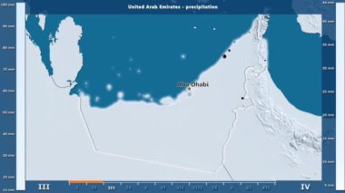 Birleşik Arap Emirlikleri alan animasyonlu efsanesi - İngilizce etiketleri ile aya göre Yağış: ülke ve sermaye adları, açıklama göster. Sterografik projeksiyon