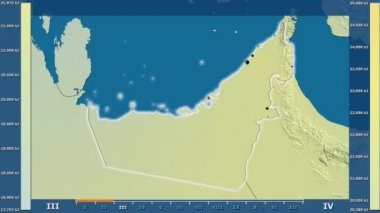 Animasyonlu efsanesi - parlayan şekli, idari sınırları, ana şehirler, sermaye ile Birleşik Arap Emirlikleri alanında güneş radyasyonu aya göre. Sterografik projeksiyon