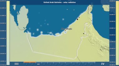 Aya göre güneş radyasyonu animasyonlu efsanesi - İngilizce etiketleri ile Birleşik Arap Emirlikleri alanında: ülke ve sermaye adları, açıklama göster. Sterografik projeksiyon