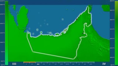 Animasyonlu efsanesi - parlayan şekli, idari sınırları, ana şehirler, sermaye ile Birleşik Arap Emirlikleri alanında minimum sıcaklığı aya göre. Sterografik projeksiyon