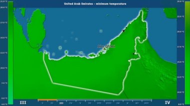 Birleşik Arap Emirlikleri alanda animasyonlu gösterge - İngilizce etiketleri ile aya göre minimum sıcaklığı: ülke ve sermaye adları, açıklama göster. Sterografik projeksiyon