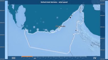 Rüzgar hızı aya göre animasyonlu efsanesi - İngilizce etiketleri ile Birleşik Arap Emirlikleri alanında: ülke ve sermaye adları, açıklama göster. Sterografik projeksiyon