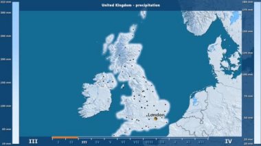Animasyonlu efsanesi - İngilizce etiketleri ile İngiltere alanında aylık Yağış: ülke ve sermaye adları, açıklama göster. Sterografik projeksiyon
