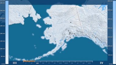 Animasyonlu gösterge - parlayan şekli, idari sınırları, ana şehirler, sermaye ile Amerika Birleşik Devletleri Alaska bölgede yağış aya göre. Sterografik projeksiyon