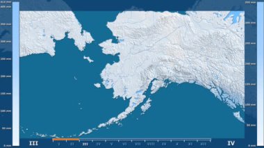 Animasyonlu gösterge - ham renk shader ile Amerika Birleşik Devletleri Alaska bölgede yağış aya göre. Sterografik projeksiyon