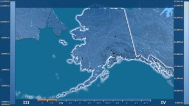 Animasyonlu efsanesi - parlayan şekli, idari sınırları, ana şehirler, sermaye ile Amerika Birleşik Devletleri Alaska bölgesinde güneş radyasyonu aya göre. Sterografik projeksiyon