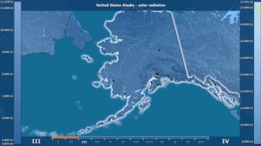 Aya göre güneş radyasyonu animasyonlu efsanesi - İngilizce etiketleri ile Amerika Birleşik Devletleri Alaska alanında: ülke ve sermaye adları, açıklama göster. Sterografik projeksiyon