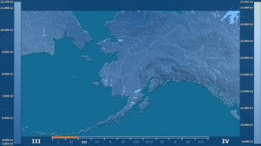 Animasyonlu efsanesi - ham renk shader ile Amerika Birleşik Devletleri Alaska bölgesinde güneş radyasyonu aya göre. Sterografik projeksiyon