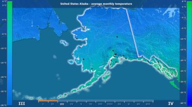 Ortalama sıcaklık ay tarafından animasyonlu efsanesi - İngilizce etiketleri ile Amerika Birleşik Devletleri Alaska alanında: ülke ve sermaye adları, açıklama göster. Sterografik projeksiyon