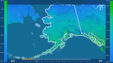 Animasyonlu gösterge - parlayan şekli, idari sınırları, ana şehirler, sermaye Amerika Birleşik Devletleri Alaska alanında maksimum sıcaklık aya göre. Sterografik projeksiyon