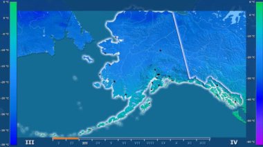 Animasyonlu gösterge - parlayan şekli, idari sınırları, ana şehirler, sermaye Amerika Birleşik Devletleri Alaska alanında minimum sıcaklığı aya göre. Sterografik projeksiyon