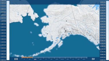 Animasyonlu efsanesi - parlayan şekli, idari sınırları, ana şehirler, sermaye ile Amerika Birleşik Devletleri Alaska bölgesinde su buharı basıncı aya göre. Sterografik projeksiyon