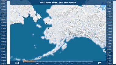 Animasyonlu efsanesi - İngilizce etiketleri ile Amerika Birleşik Devletleri Alaska alanında aya göre su buhar basıncı: ülke ve sermaye adları, açıklama göster. Sterografik projeksiyon