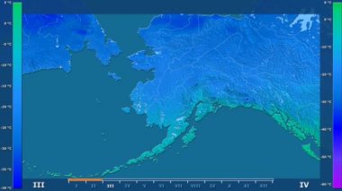 Animasyonlu efsanesi - ham renk shader ile Amerika Birleşik Devletleri Alaska alanında minimum sıcaklığı aya göre. Sterografik projeksiyon