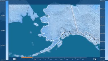 Hız animasyonlu gösterge - parlayan şekli, idari sınırları, ana şehirler, sermaye Amerika Birleşik Devletleri Alaska alanında aya göre rüzgar. Sterografik projeksiyon