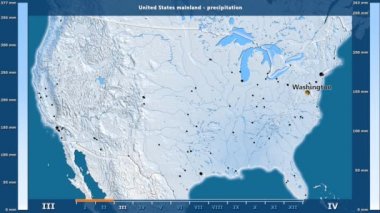 Animasyonlu efsanesi - İngilizce etiketleri ile ABD anakara alan aya göre Yağış: ülke ve sermaye adları, açıklama göster. Sterografik projeksiyon
