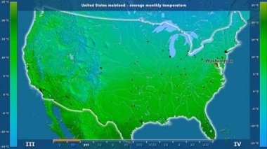 Ortalama sıcaklık ay tarafından animasyonlu efsanesi - İngilizce etiketleri ile ABD anakara bölgesinde: ülke ve sermaye adları, açıklama göster. Sterografik projeksiyon