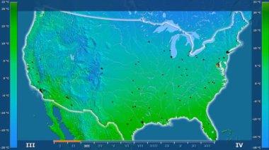 Animasyonlu efsanesi - parlayan şekli, idari sınırları, ana şehirler, sermaye ile ABD anakara alanında minimum sıcaklığı aya göre. Sterografik projeksiyon